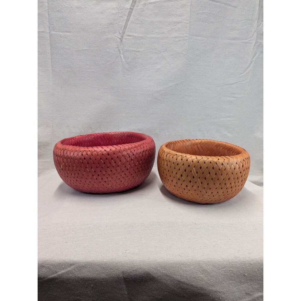 Boho Coastal Woven Bamboo Bowl Basket Set of 2 Red Natural Bambou Decor